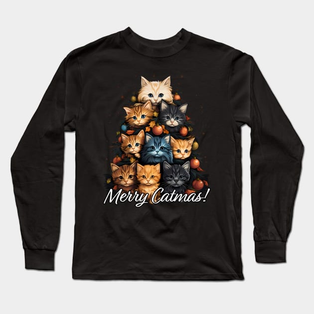 Merry Catmas! Cute Kitten Christmas Tree, Cat Xmas Long Sleeve T-Shirt by NearlyNow